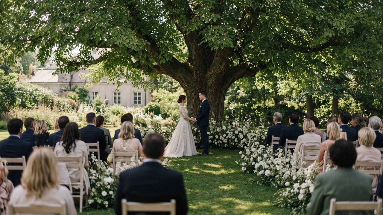 Ceremonia pod starą lipą w ogrodzie dworu, goście siedzą w rzędach