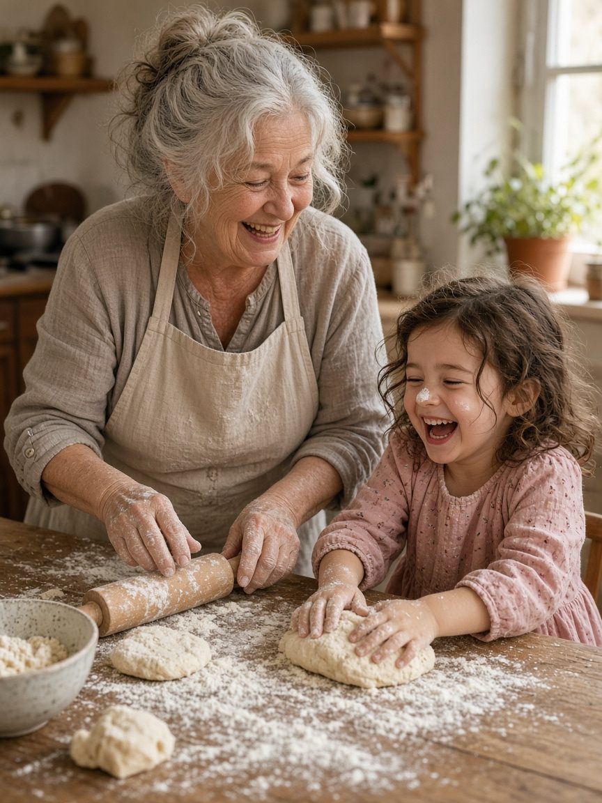 Babcia i wnuczka wałkują ciasto przy kuchennym stole, wnuczka ma mąkę na nosie