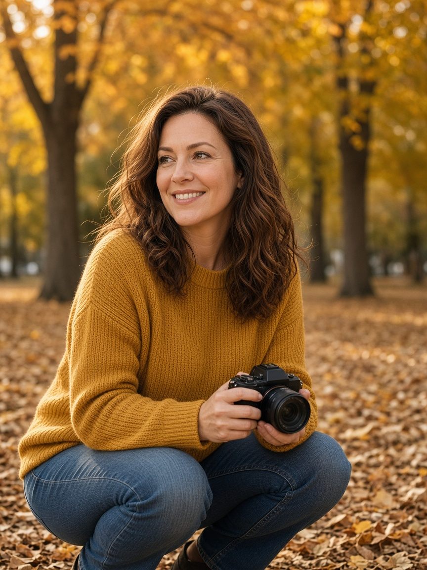 Zuza, fotografka rodzinna, kuca z aparatem w jesiennym parku