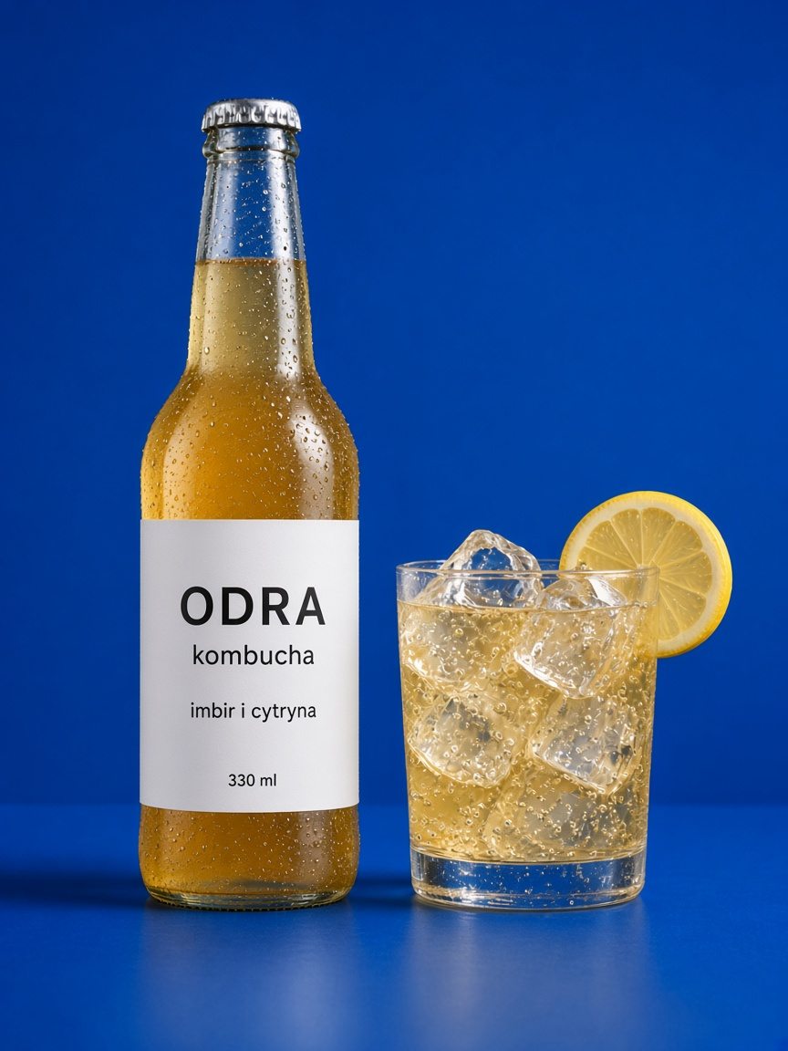 Oszroniona butelka kombuchy Odra i szklanka z lodem i cytryną na kobaltowym tle