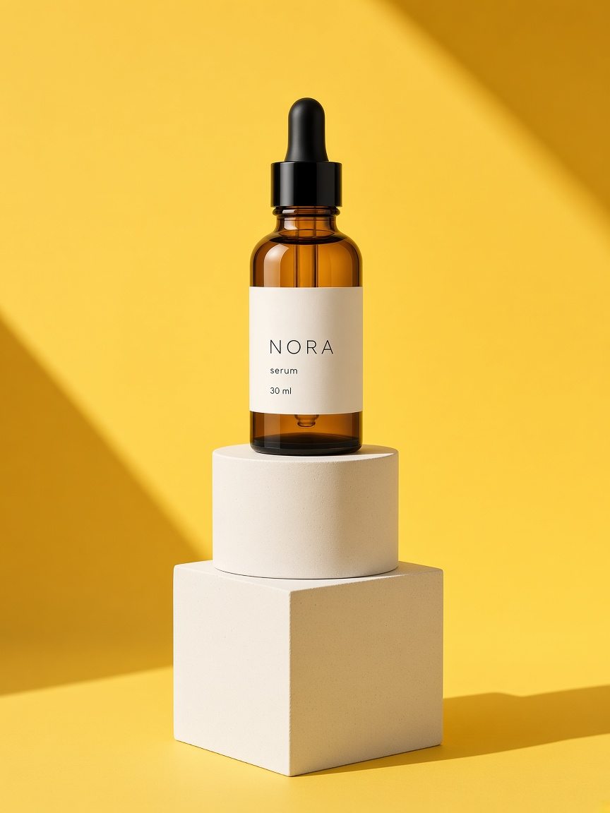 Butelka serum na gipsowych bryłach, żółte tło i ostry cień słońca