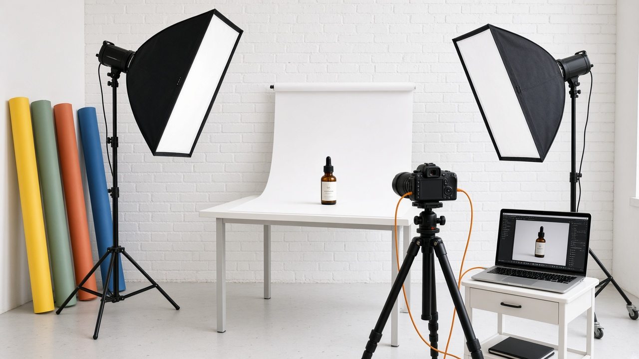 Studio z białym stołem bezcieniowym, dwoma softboxami, aparatem na statywie i laptopem, pod ścianą rolki kolorowych teł