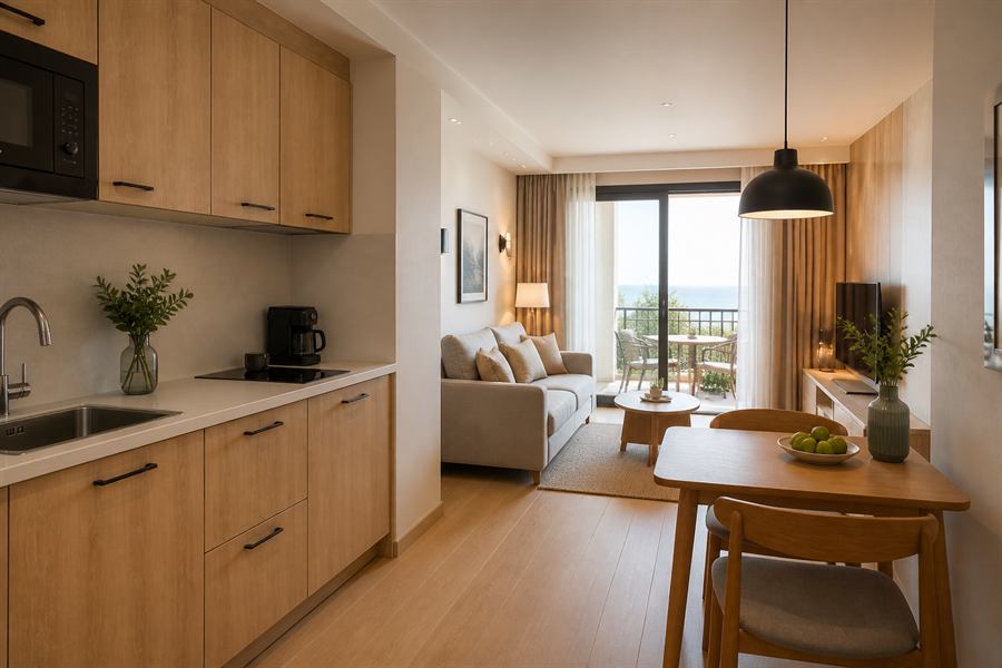 Wnętrze apartamentu z aneksem kuchennym — przykład zdjęcia na stronie obiektu noclegowego